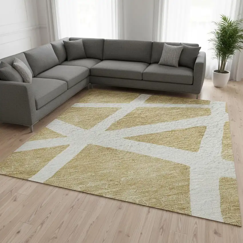 Gold And Ivory Geometric Washable Area Rug With UV Protection Photo 2