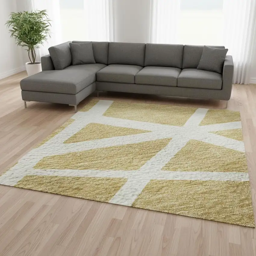 Gold And Ivory Geometric Washable Area Rug With UV Protection Photo 2