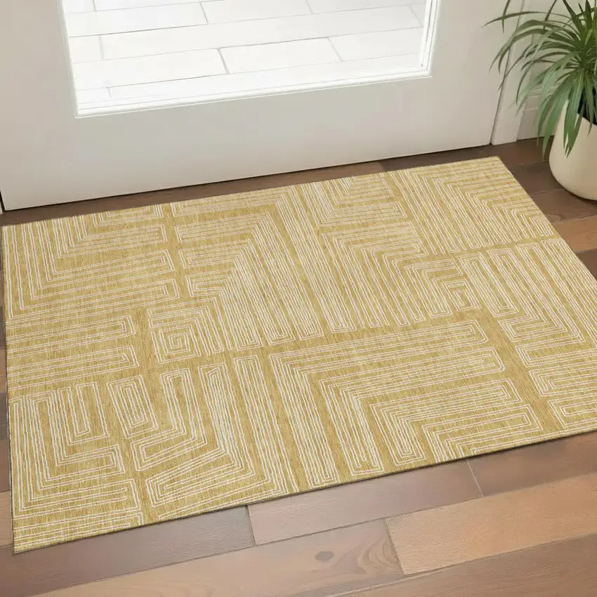 Gold And Ivory Geometric Washable Area Rug With UV Protection Photo 1