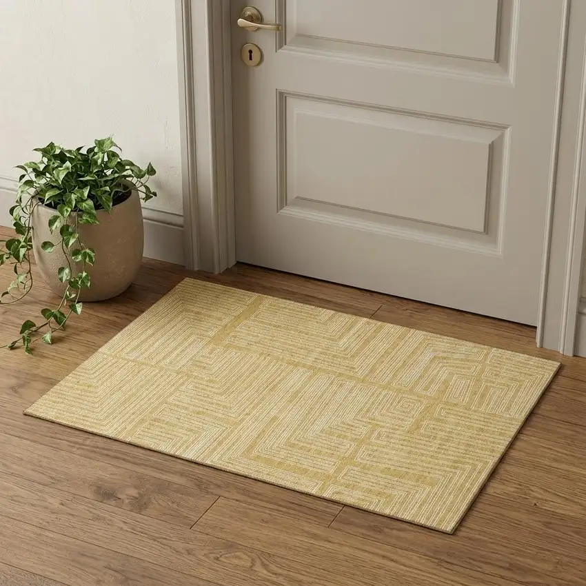 Gold And Ivory Geometric Washable Area Rug With UV Protection Photo 1