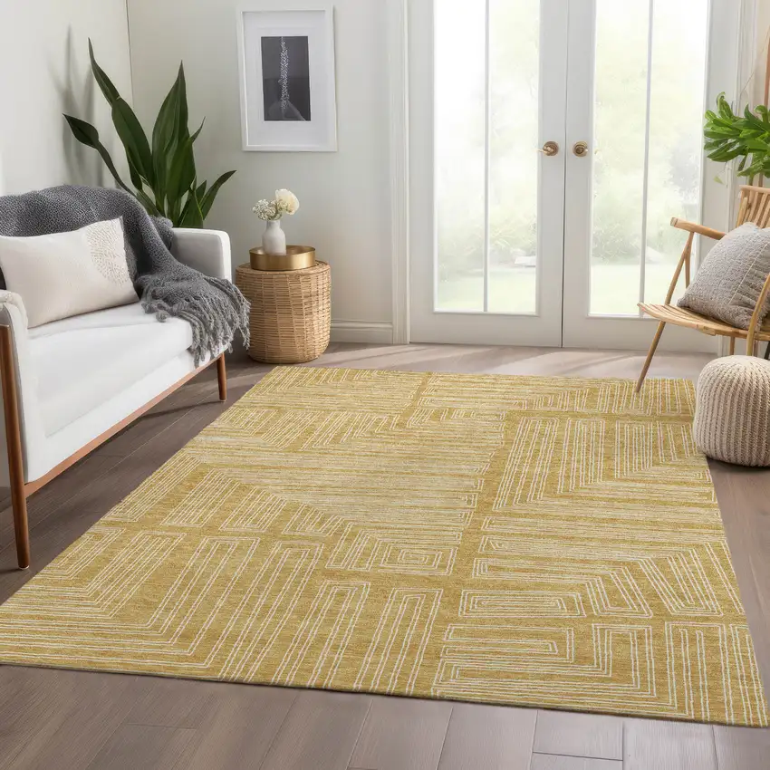 Gold And Ivory Geometric Washable Area Rug With UV Protection Photo 1