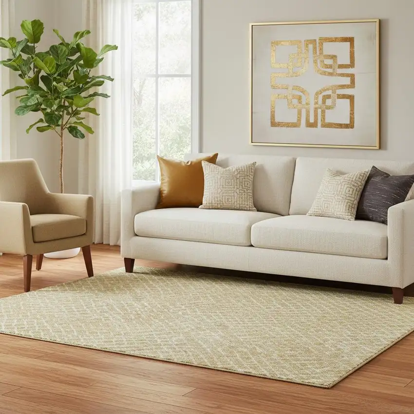 Gold And Ivory Geometric Washable Area Rug With UV Protection Photo 2