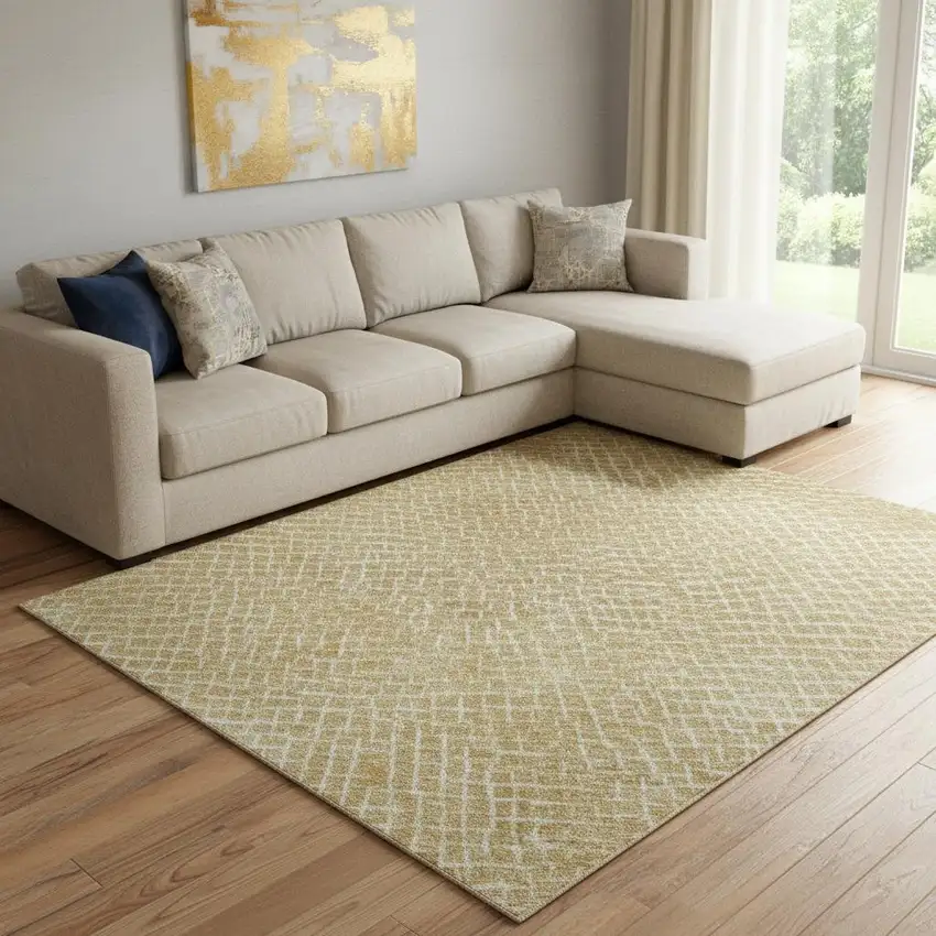 Gold And Ivory Geometric Washable Area Rug With UV Protection Photo 2
