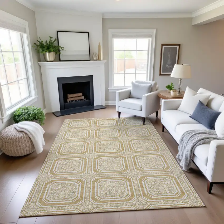 Gold And Ivory Geometric Washable Area Rug With UV Protection Photo 4