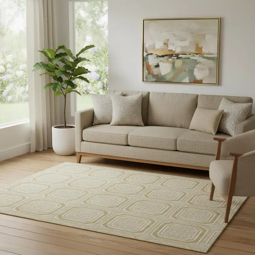 Gold And Ivory Geometric Washable Area Rug With UV Protection Photo 2