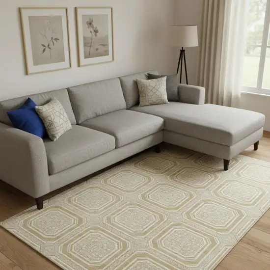 Gold And Ivory Geometric Washable Area Rug With UV Protection Photo 2