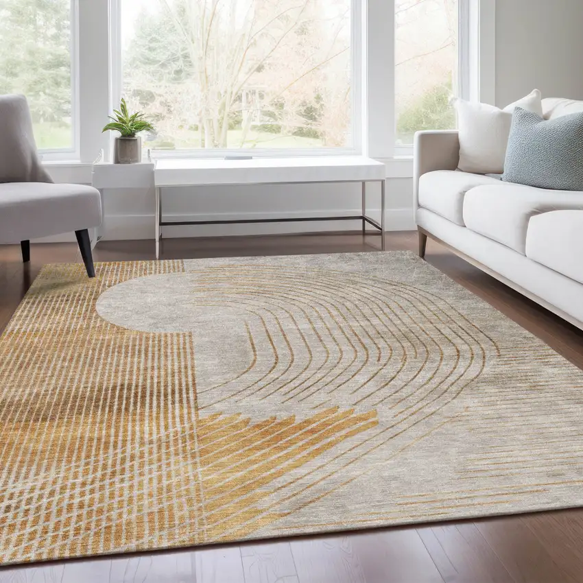 Gold And Ivory Geometric Washable Indoor Outdoor Area Rug Photo 6