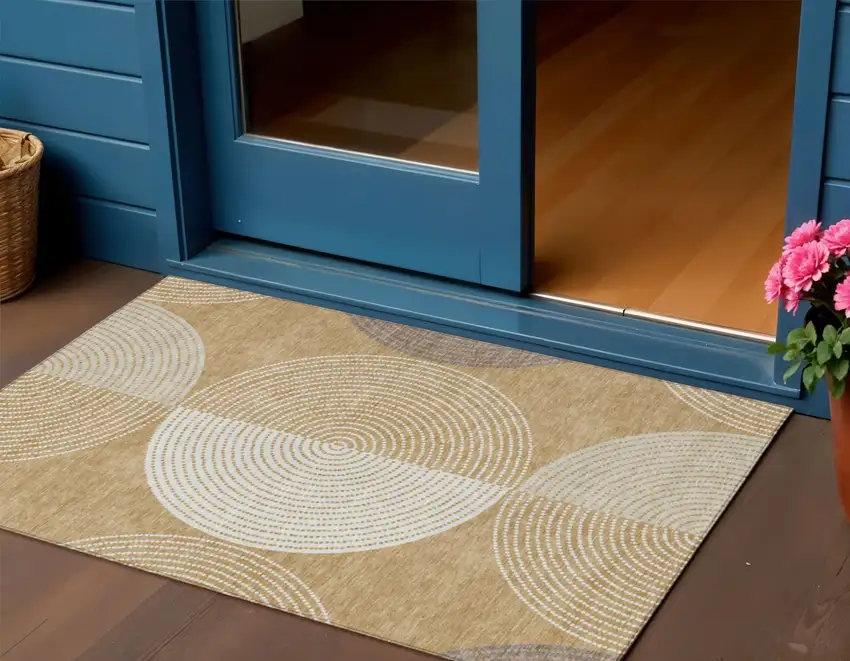 Gold And Ivory Geometric Washable Indoor Outdoor Area Rug Photo 1