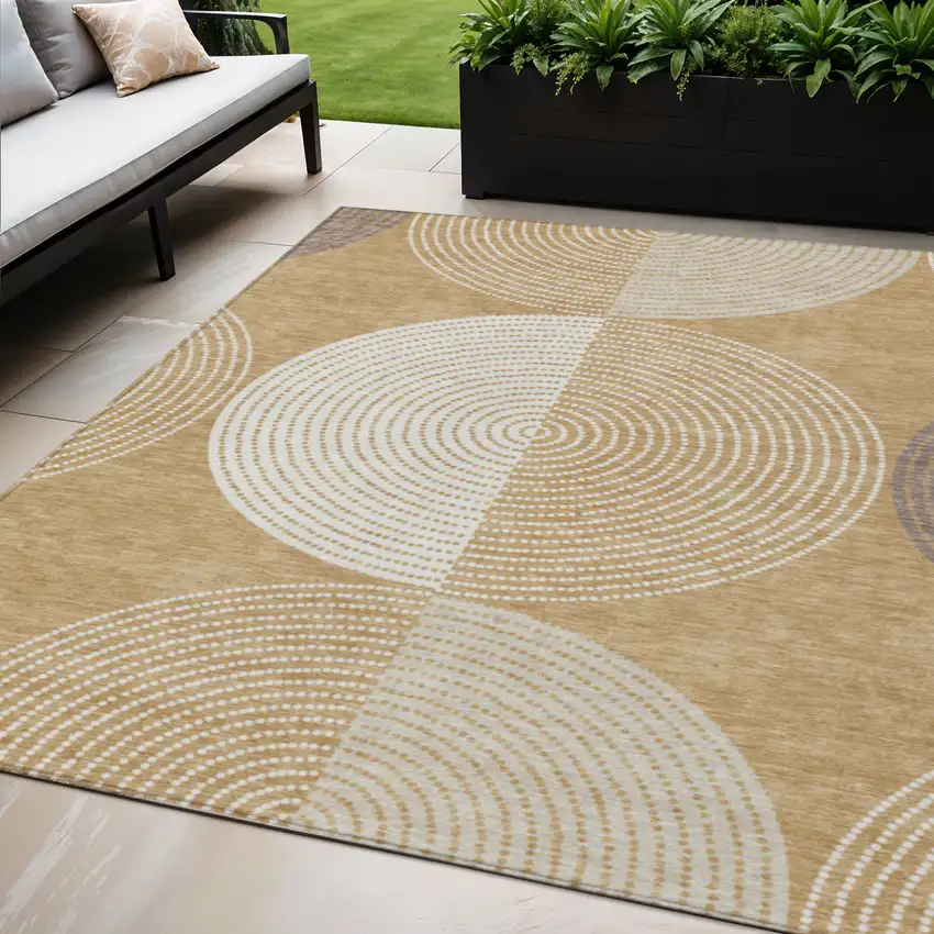 Gold And Ivory Geometric Washable Indoor Outdoor Area Rug Photo 1