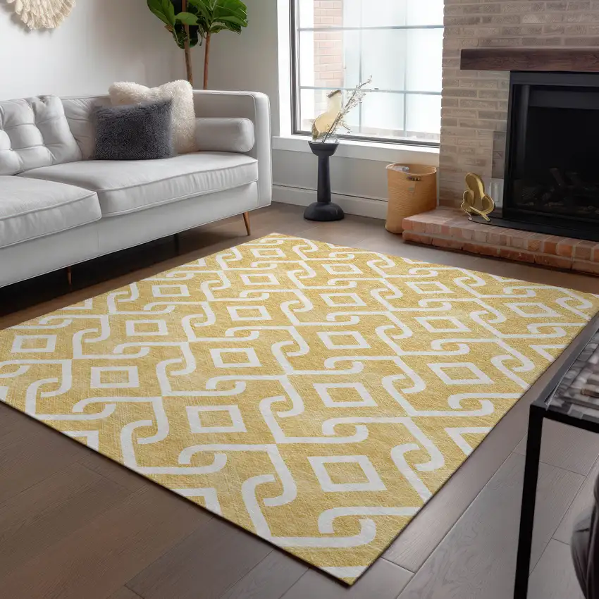 Gold And Ivory Geometric Washable Indoor Outdoor Area Rug Photo 8