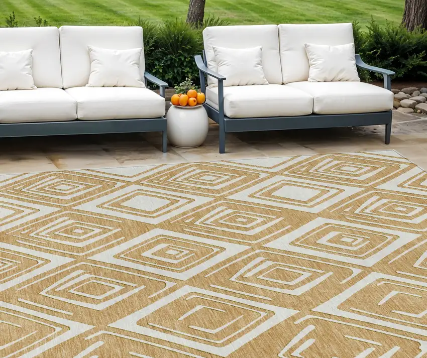 Gold And Ivory Geometric Washable Indoor Outdoor Area Rug Photo 1