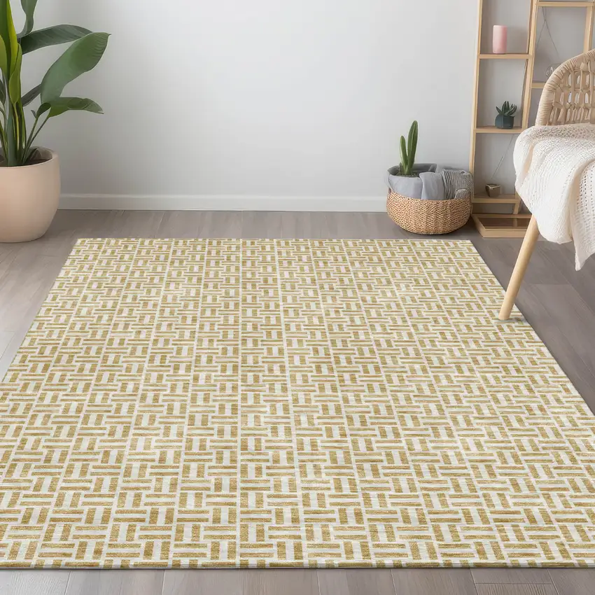 Gold And Ivory Geometric Washable Indoor Outdoor Area Rug Photo 9