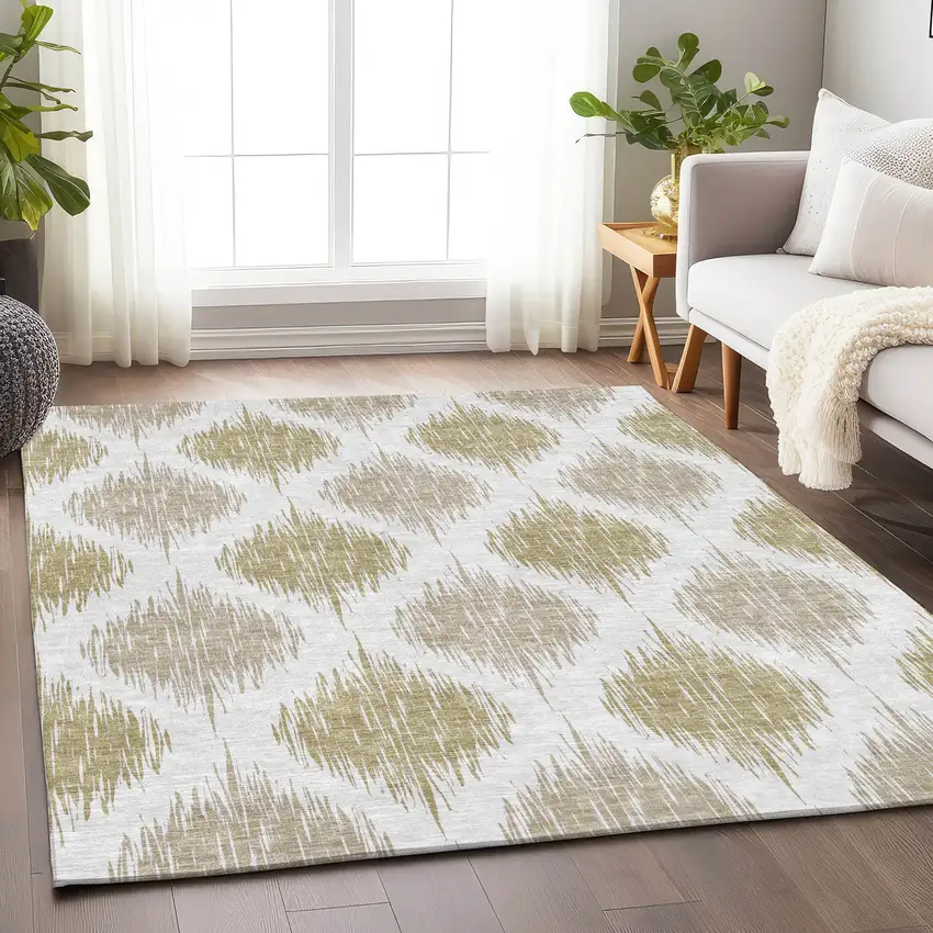 Gold And Ivory Ikat Washable Area Rug With UV Protection Photo 6