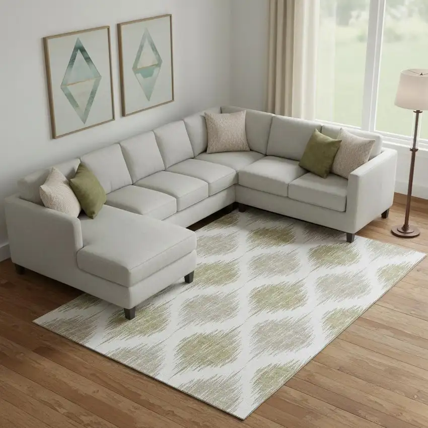 Gold And Ivory Ikat Washable Area Rug With UV Protection Photo 1