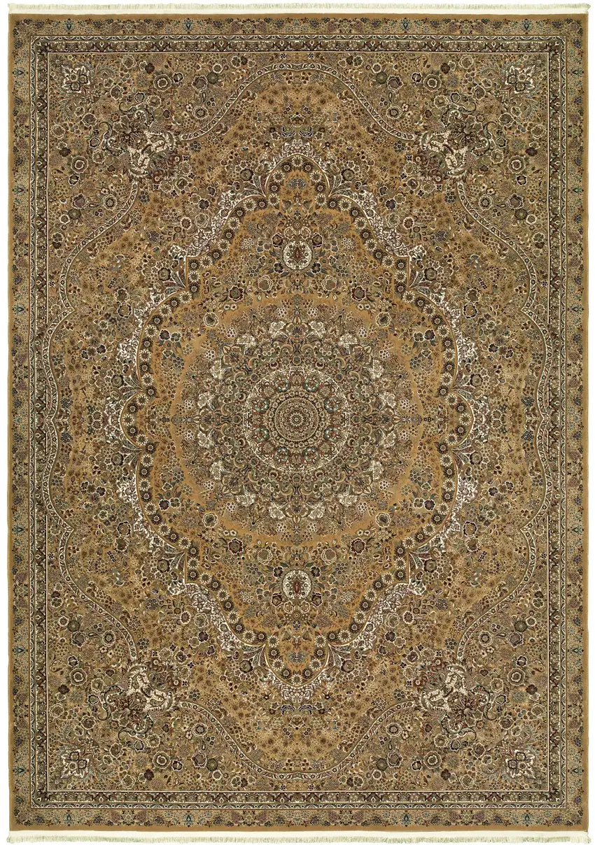 Gold And Ivory Medallion Area Rug With Fringe Photo 2
