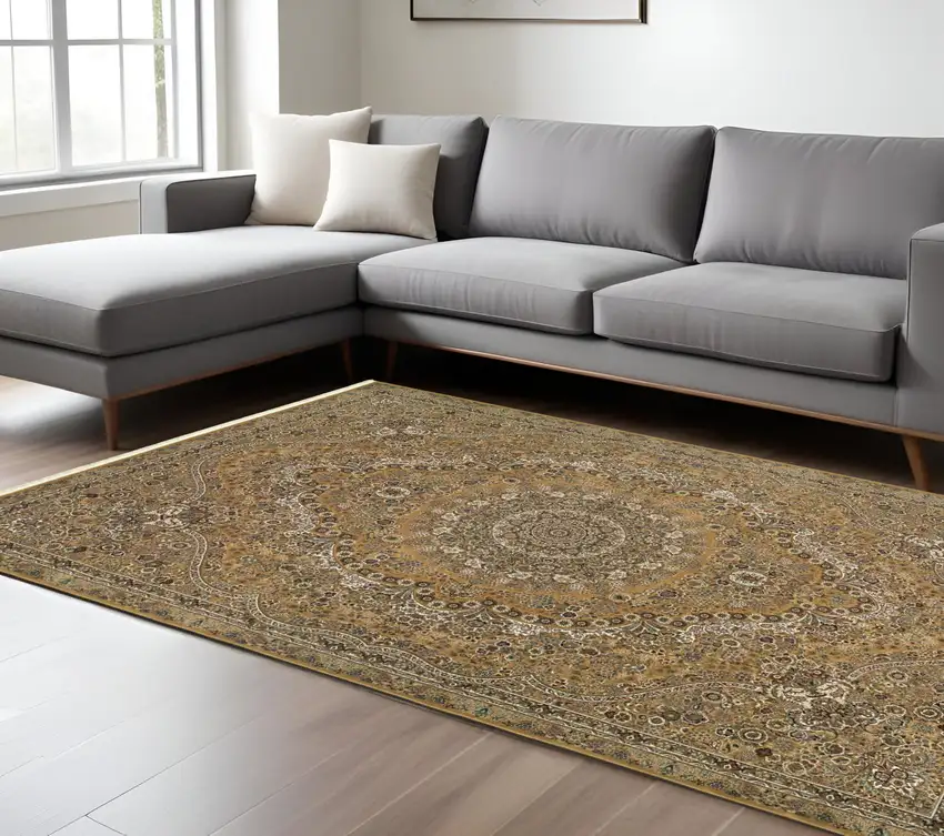 Gold And Ivory Medallion Area Rug With Fringe Photo 1
