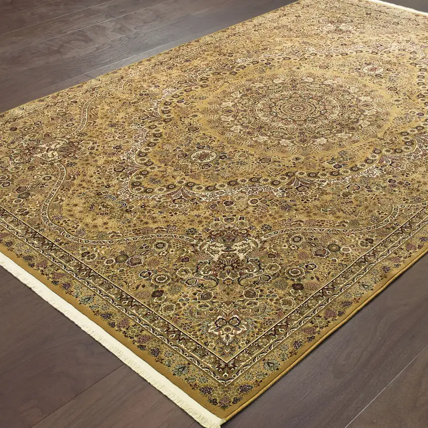 Gold And Ivory Medallion Area Rug With Fringe Photo 6