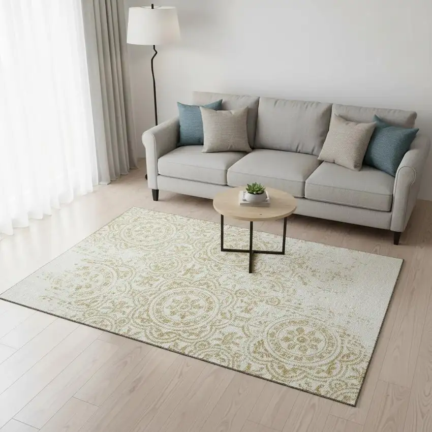 Gold And Ivory Medallion Washable Area Rug With UV Protection Photo 2