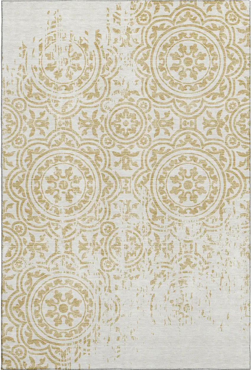 Gold And Ivory Medallion Washable Area Rug With UV Protection Photo 1