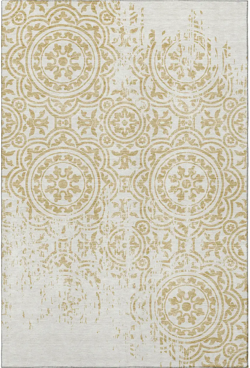 Gold And Ivory Medallion Washable Area Rug With UV Protection Photo 4