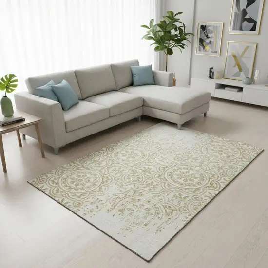 Gold And Ivory Medallion Washable Area Rug With UV Protection Photo 2
