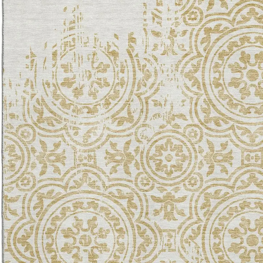 Gold And Ivory Medallion Washable Area Rug With UV Protection Photo 3