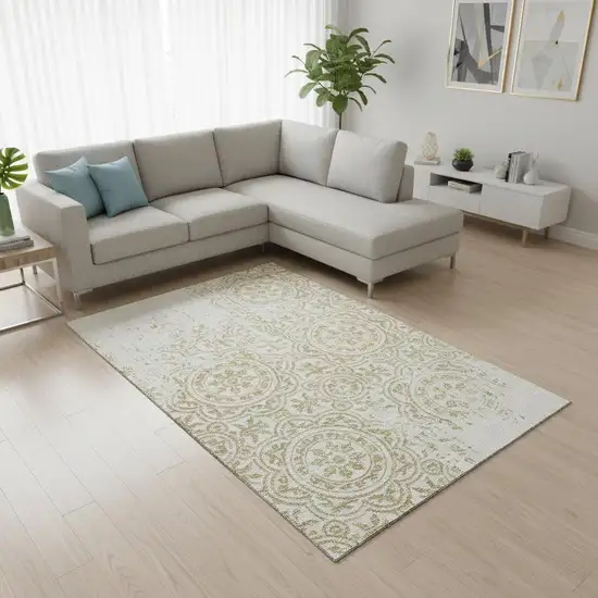 Gold And Ivory Medallion Washable Area Rug With UV Protection Photo 2