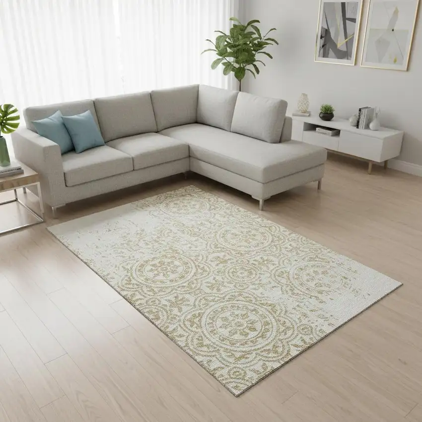 Gold And Ivory Medallion Washable Area Rug With UV Protection Photo 2