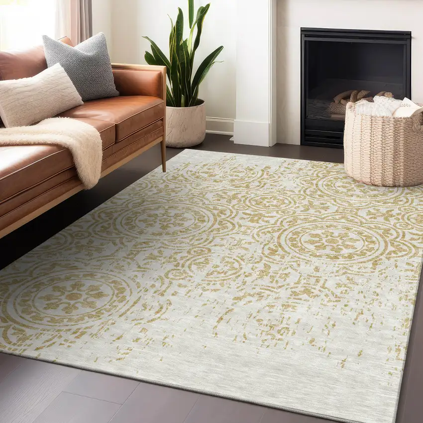 Gold And Ivory Medallion Washable Area Rug With UV Protection Photo 6