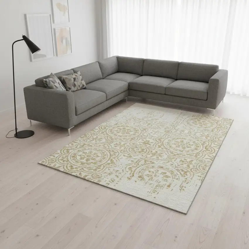 Gold And Ivory Medallion Washable Area Rug With UV Protection Photo 2