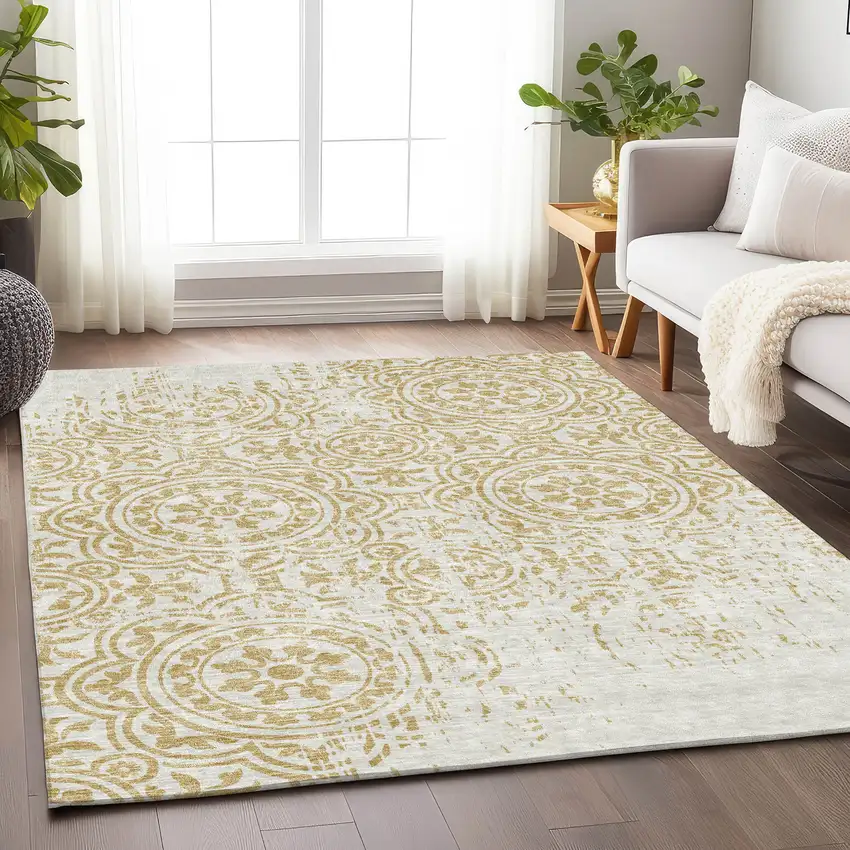 Gold And Ivory Medallion Washable Area Rug With UV Protection Photo 5