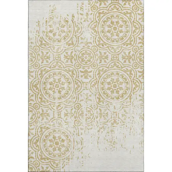 Gold And Ivory Medallion Washable Area Rug With UV Protection Photo 1