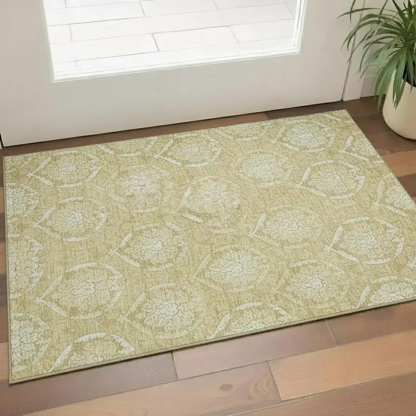 Gold And Ivory Medallion Washable Area Rug With UV Protection Photo 1