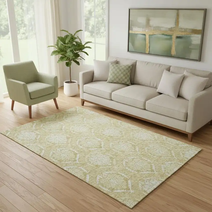 Gold And Ivory Medallion Washable Area Rug With UV Protection Photo 1