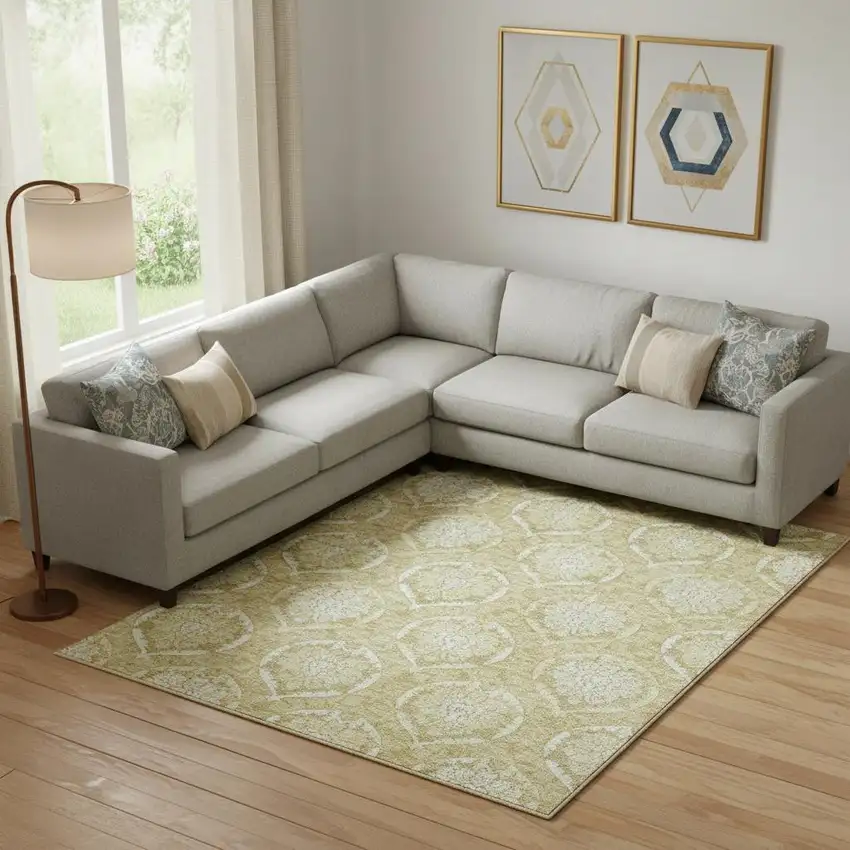 Gold And Ivory Medallion Washable Area Rug With UV Protection Photo 1