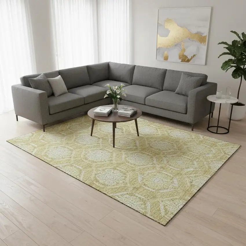 Gold And Ivory Medallion Washable Area Rug With UV Protection Photo 2