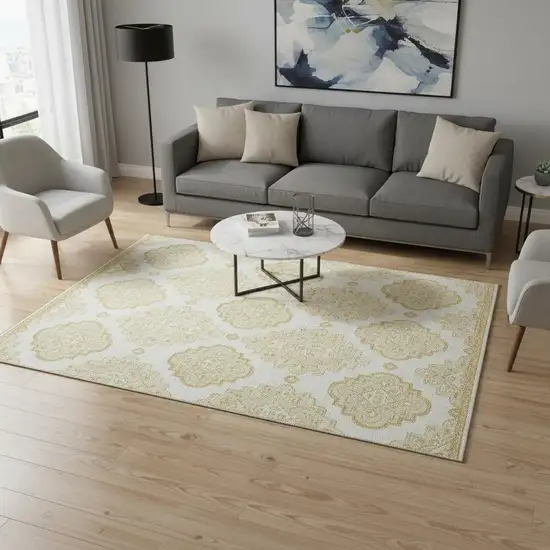 Gold And Ivory Medallion Washable Area Rug With UV Protection Photo 2