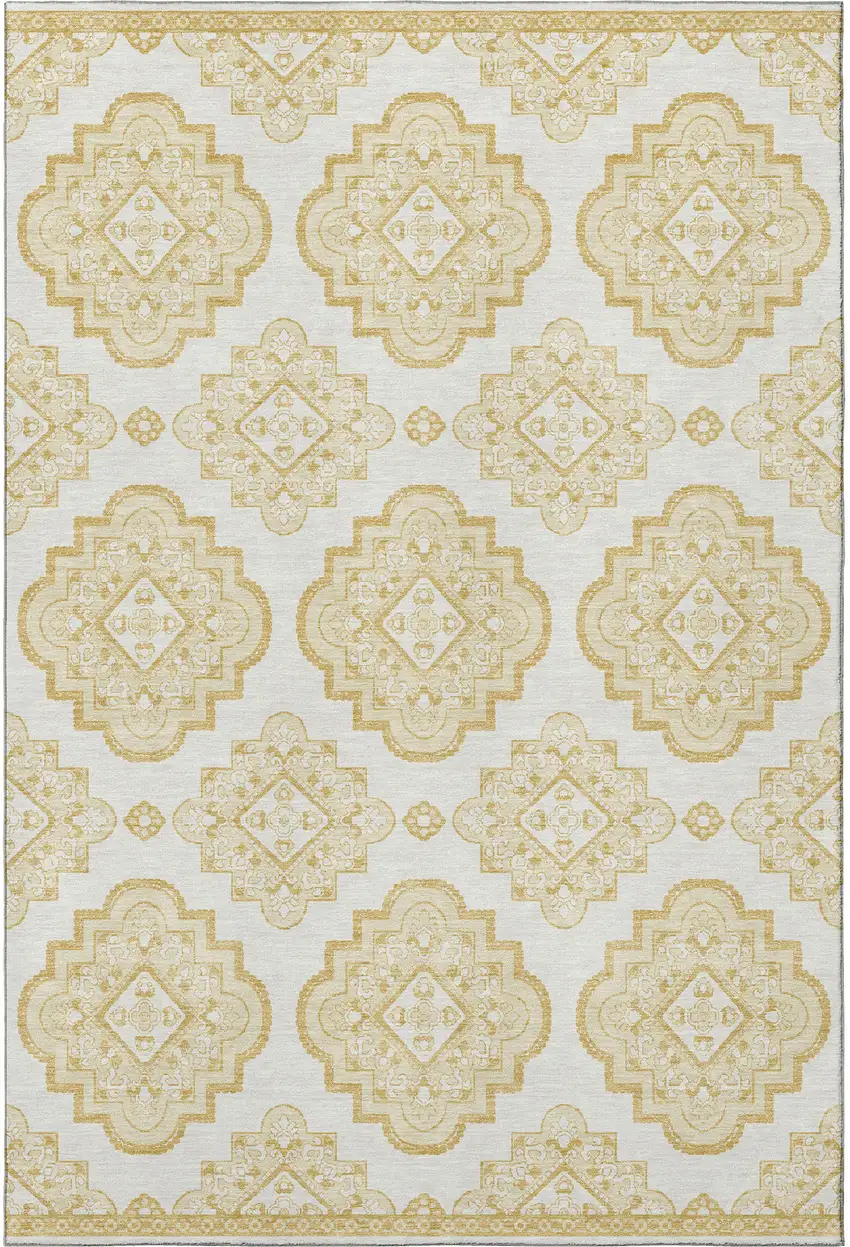 Gold And Ivory Medallion Washable Area Rug With UV Protection Photo 4