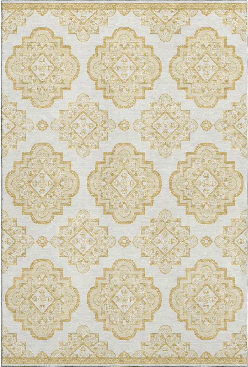 Gold And Ivory Medallion Washable Area Rug With UV Protection Photo 1