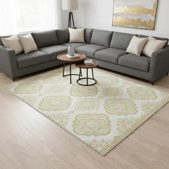 Gold And Ivory Medallion Washable Area Rug With UV Protection Photo 2
