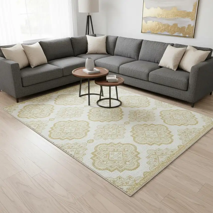 Gold And Ivory Medallion Washable Area Rug With UV Protection Photo 2