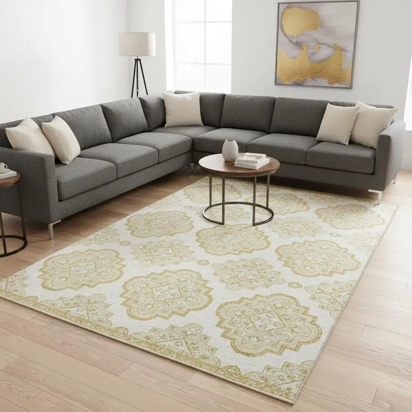 Gold And Ivory Medallion Washable Area Rug With UV Protection Photo 2