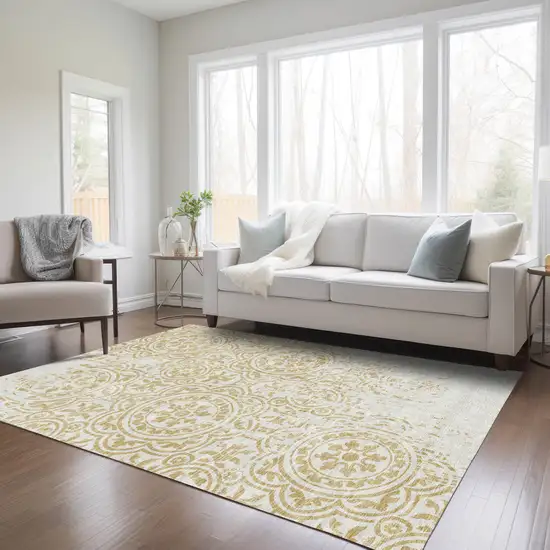 Gold And Ivory Medallion Washable Indoor Outdoor Area Rug Photo 9