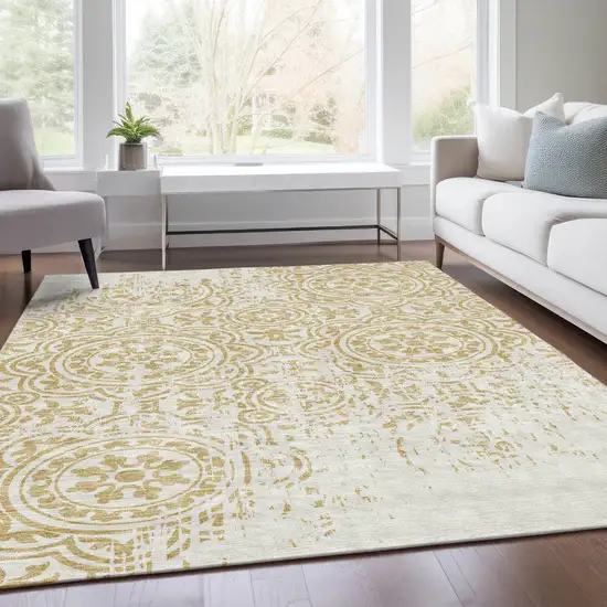 Gold And Ivory Medallion Washable Indoor Outdoor Area Rug Photo 8