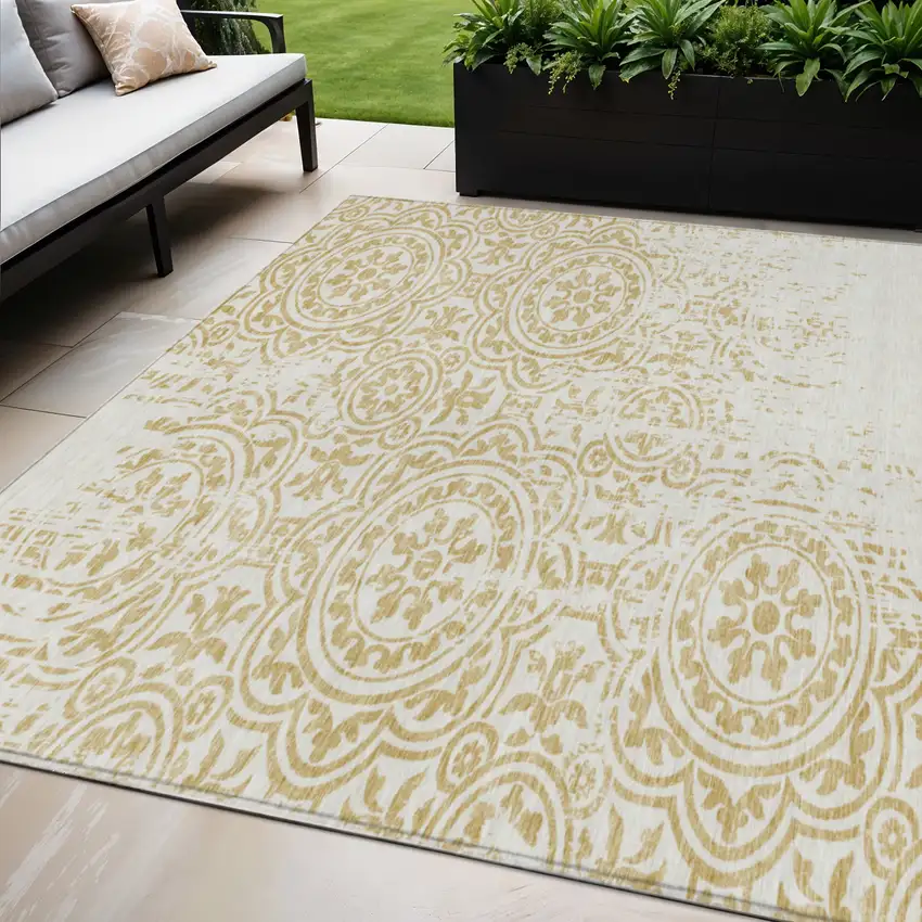 Gold And Ivory Medallion Washable Indoor Outdoor Area Rug Photo 1