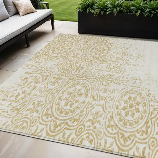 Gold And Ivory Medallion Washable Indoor Outdoor Area Rug Photo 1