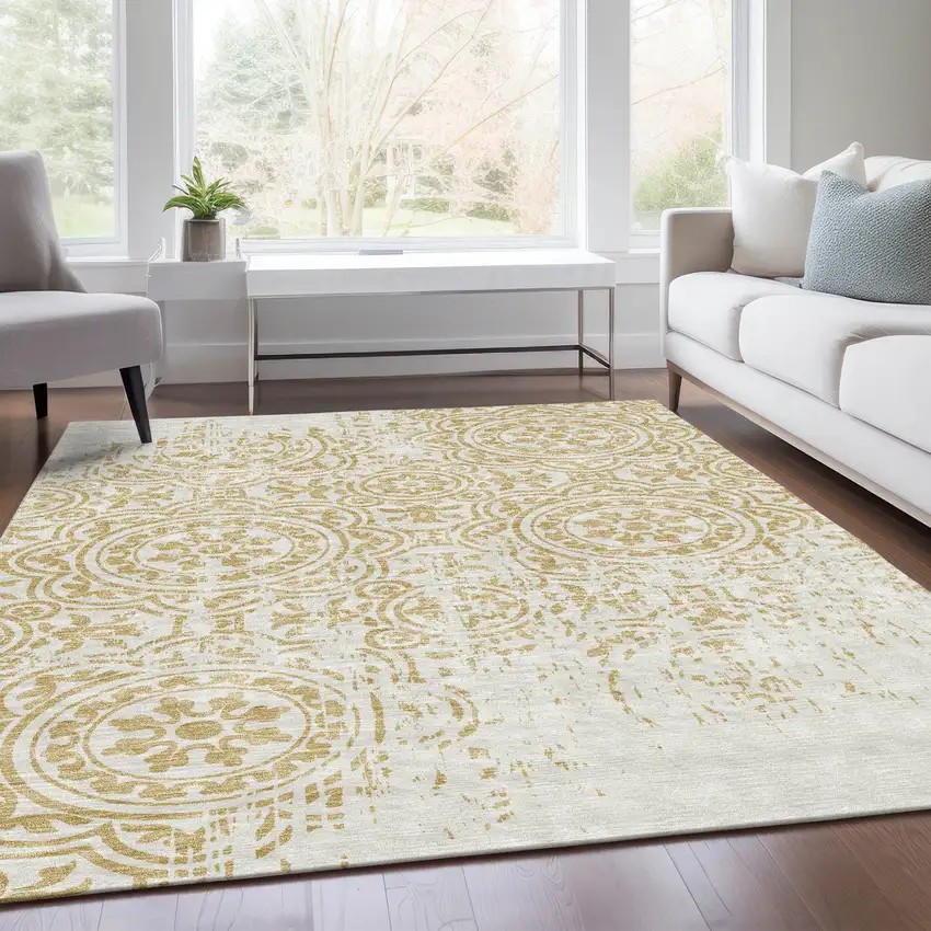 Gold And Ivory Medallion Washable Indoor Outdoor Area Rug Photo 6