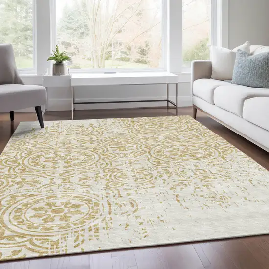 Gold And Ivory Medallion Washable Indoor Outdoor Area Rug Photo 6