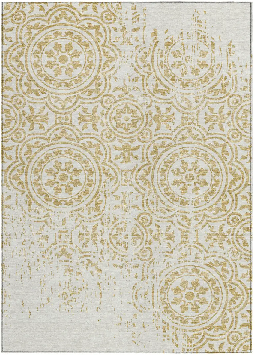 Gold And Ivory Medallion Washable Indoor Outdoor Area Rug Photo 4