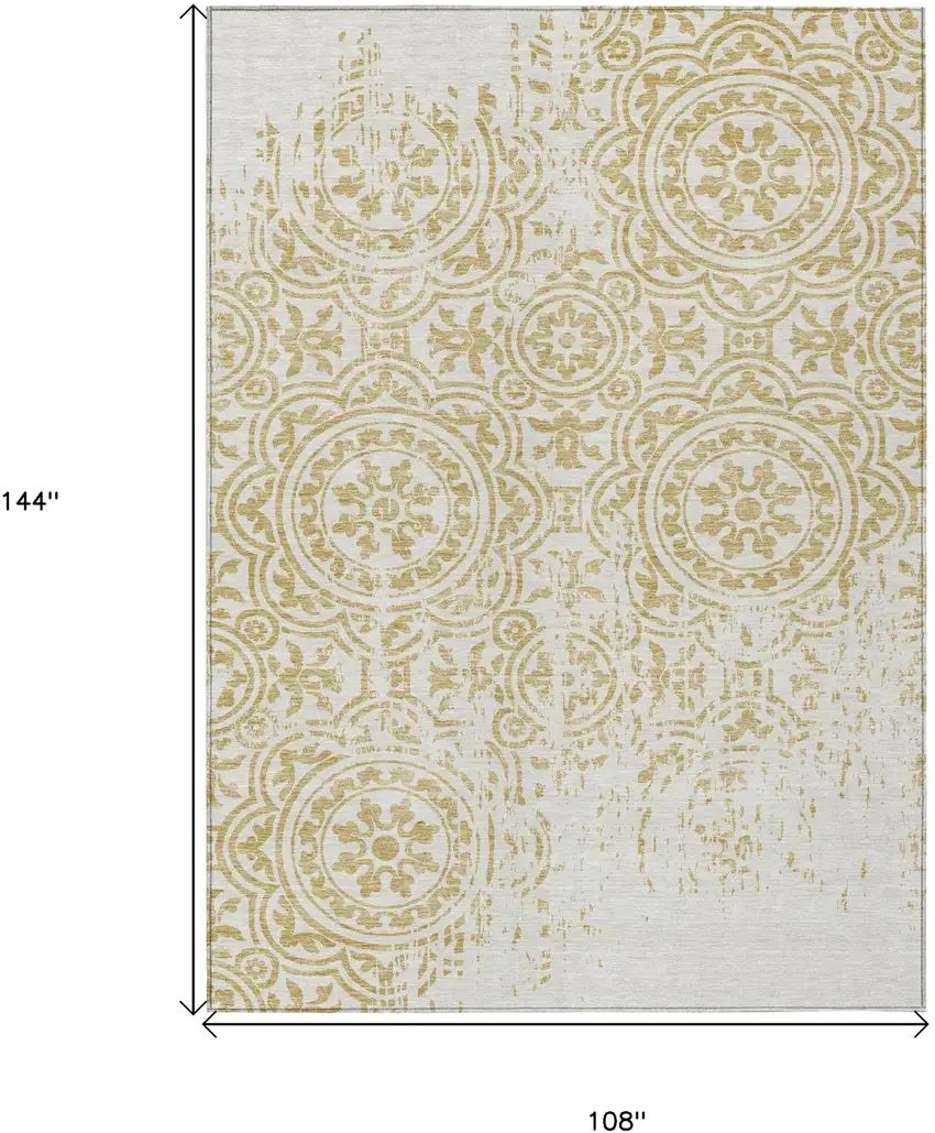 Gold And Ivory Medallion Washable Indoor Outdoor Area Rug Photo 9